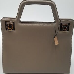 Ferragamo Wanda Beige Leather Top Handle Handbag w red suede interior